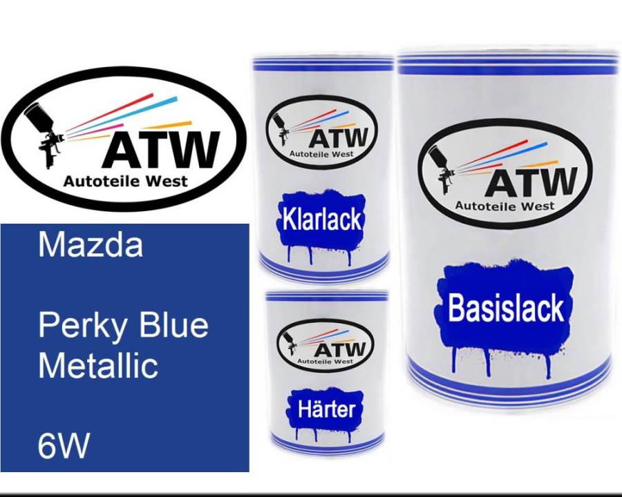 Mazda, Perky Blue Metallic, 6W: 500ml Lackdose + 500ml Klarlack + 250ml Härter - Set, von ATW Autoteile West.